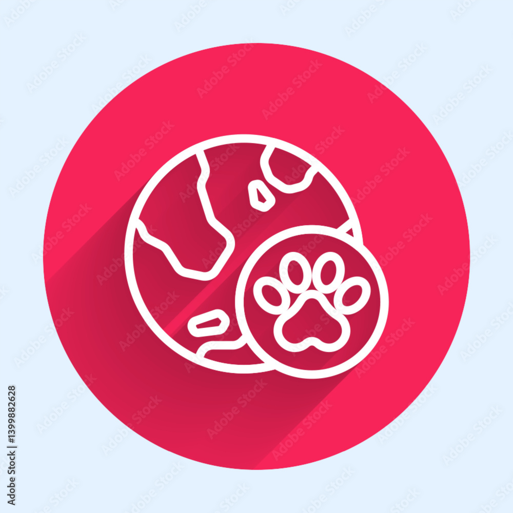 Poster white line world pet icon isolated with long shadow background. red circle button. vector