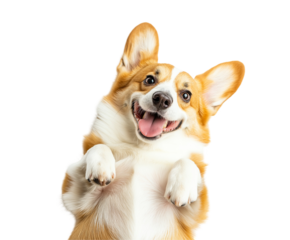 Happy corgi dog lies playful on back paws up, cute happy pet smiling, happy fun.

