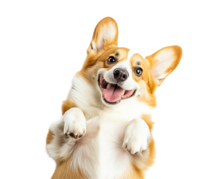 Happy corgi dog lies playful on back paws up, cute happy pet smiling, happy fun.
