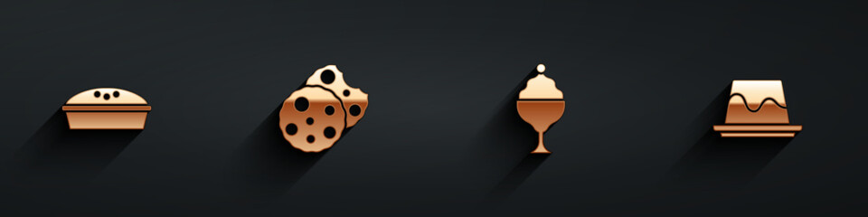Set Homemade pie, Cookie or biscuit, Ice cream in bowl and Pudding custard icon with long shadow. Vector