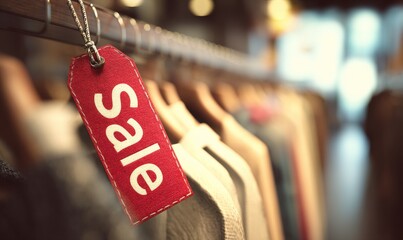 A red sale sign hanging in a clothing store.
