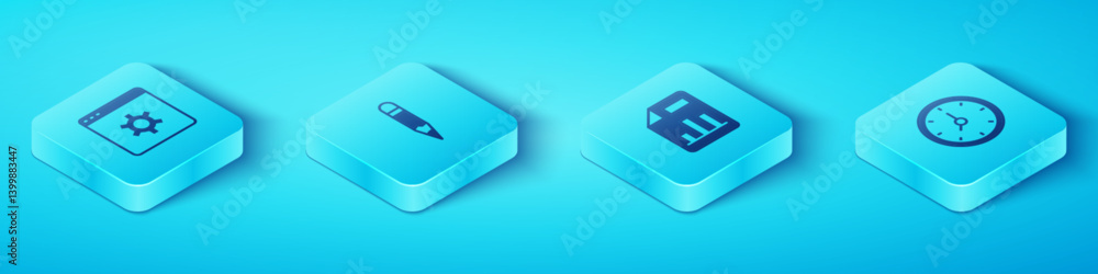 Poster set isometric browser setting, pencil, clock and document with graph chart icon. vector