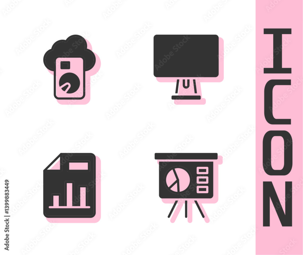 Poster set board with graph, cloud database, document chart and computer monitor icon. vector