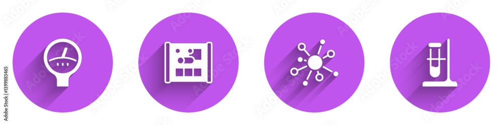 Poster set gauge scale, graphing paper for engineering, molecule and test tube flask on stand icon with lon