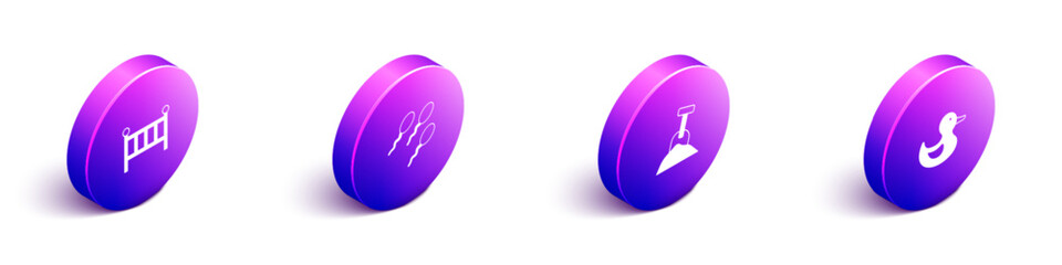 Set Isometric Baby crib cradle bed, Sperm, Sandbox with sand and shovel and Rubber duck icon. Vector
