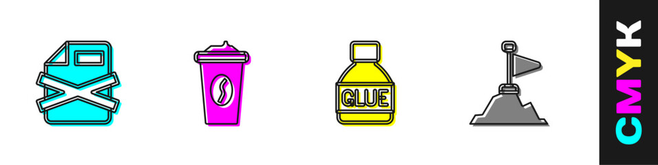 Set Delete file document, Coffee cup to go, Glue and Mountains with flag on top icon. Vector