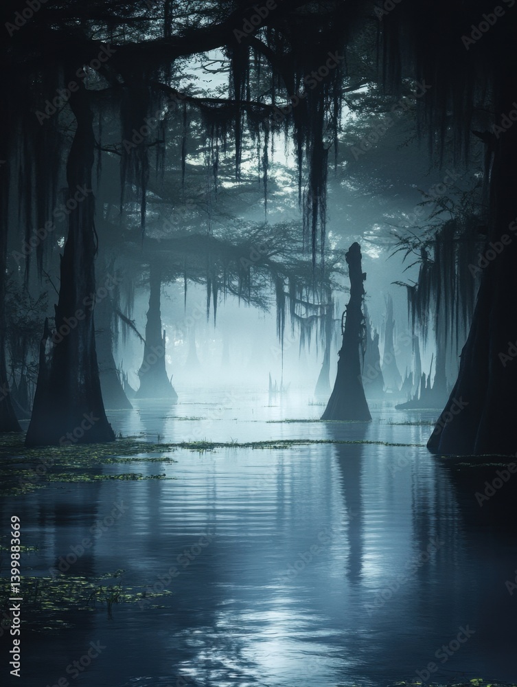 Poster eerie swamp landscape with cypress trees draped in spanish moss creating a mysterious atmosphere