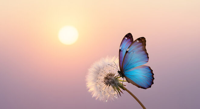 Fototapeta Two blue butterflies interacting near a dandelion puff against a beautiful sunset sky, creating a romantic and peaceful nature image.