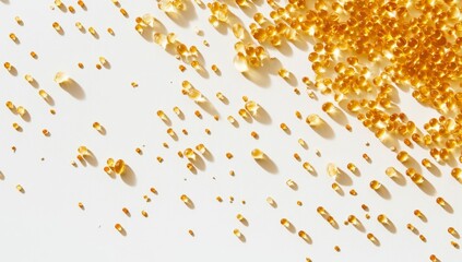 Golden, translucent, small, spherical beads scattered on a white surface