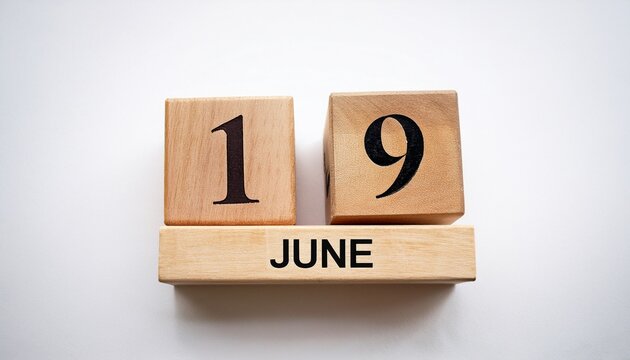 Minimalist photo of wooden blocks with date 19 June. Day and month, calendar on white background