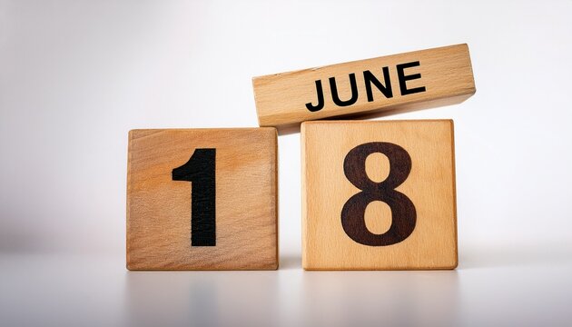 Minimalist photo of wooden blocks with date 18 June. Day and month, calendar on white background