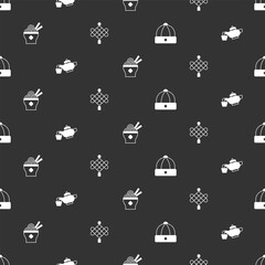 Set Chinese hat, tea ceremony, Asian noodles bowl and paper lantern on seamless pattern. Vector