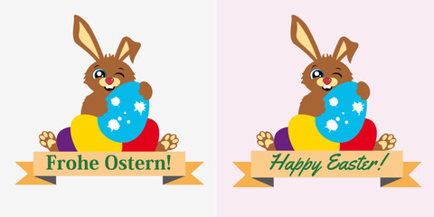 Ostergrüße mit Osterhasen und buten Eiern. Zweisprachig in Deutsch und Englisch