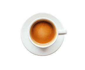Top view espresso shot white cup saucer. Classic morning ritual espresso isolated. Espresso.
