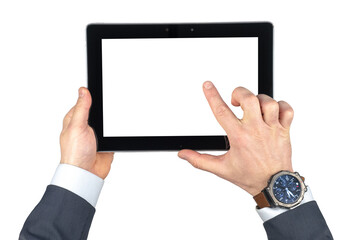 Hands holding a tablet with a white screen. Hands in a suit and a watch