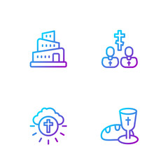 Set line Goblet and bread, Religious cross in circle, Babel tower bible story and Priest. Gradient color icons. Vector