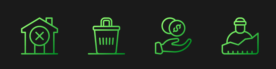 Set line Donation hand with money, No house, Trash can and Growth of homeless. Gradient color icons. Vector