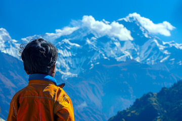 An Indian boy marveling at the snow-capped peaks of the Himalayas, his dreams reaching new heights as he imagines scaling the world's tallest mountains.