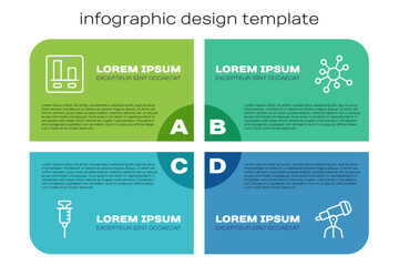Set line Syringe, Graph chart infographic, Telescope and Molecule. Business infographic template. Vector