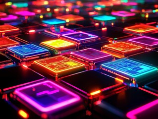 Abstract digital circuit board with vibrant neon-colored squares. Technology, futuristic design