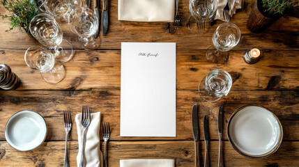 An elegantly arranged dining table at Old Brant features neatly placed cutlery, glassware, and a blank menu. The wooden surface adds warmth to the formal setting ideal for fine dining. Text space