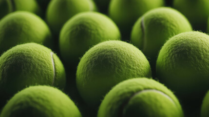 This collection of bright green tennis balls is neatly arranged on a court surface, showcasing their fuzzy texture under sunlight