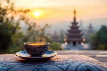 Fototapeta premium A steaming cup of tea at sunrise overlooking a pagoda.