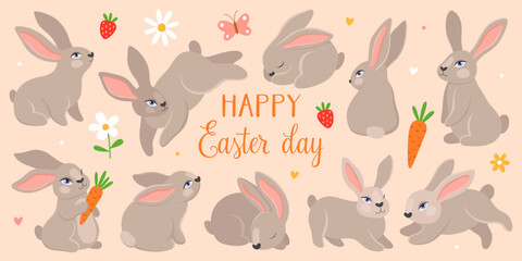 Illustrations for Easter day. Various cute bunnies, rabbits. Vector illustation.