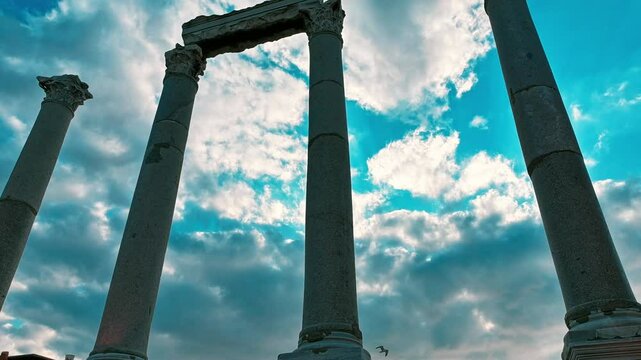 Time-lapse view of ancient columns and clouds - agora of smyrna