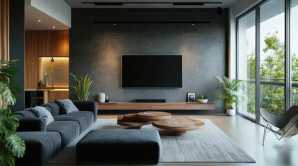 Spacious living area showcases a contemporary design with a comfortable sofa, a wooden coffee table, and plants. Sunlight streams through large windows, enhancing the inviting atmosphere