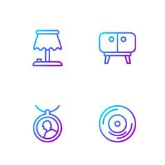 Set line Vinyl disk, Locket on necklace, Table lamp and TV table stand. Gradient color icons. Vector