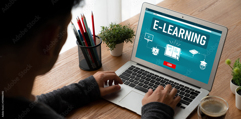 Poster e-learning website with modish sofware for student to study online on the internet network