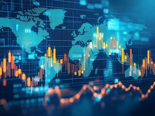 Global markets visualized with a world map overlaid with financial charts and data