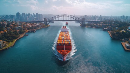Naklejka premium Container Ship Heading Towards Sydney Harbor Bridge, Australia. International Trade Concept.