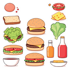Vsai delicious cheeseburgers with various ingredients and french fries depicted in colorful illustration