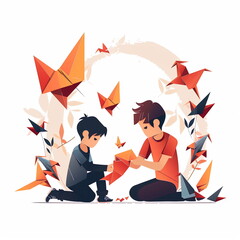 Two boys making origami cranes, in a flat illustration style, simple and cute, on a white background. Square banner for social media posts or prints. 
