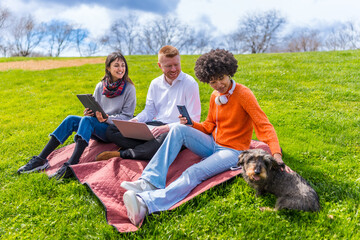 Students working and relaxing with their dog in the park