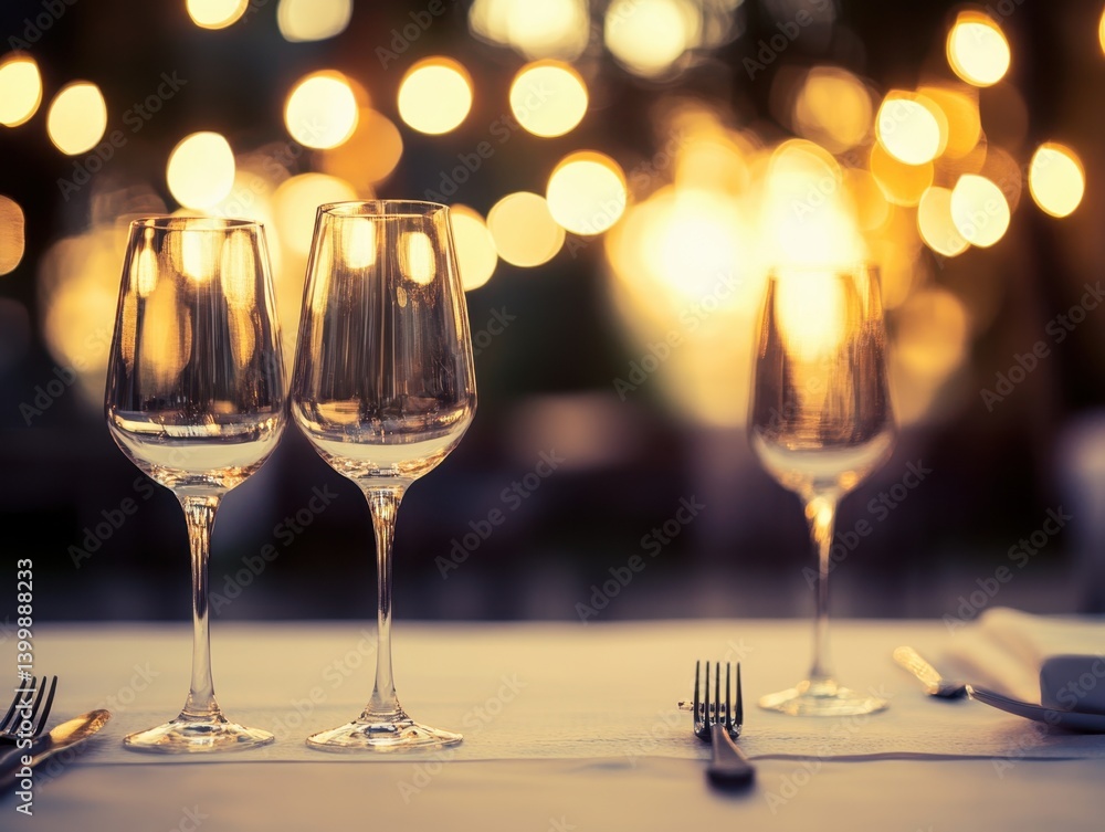 Poster elegant table setting with wine glasses soft lighting and blurred background creating a romantic atm