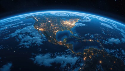 Fototapeta premium Earth at Night: North American Continent from Space, City Lights Glowing Through Cloud Cover