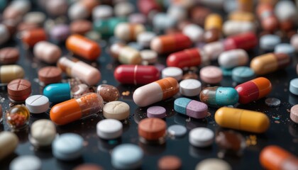Assorted Pills & Capsules: Scattered Pharmaceutical Variety on Dark Reflective Surface, Close-Up Detail