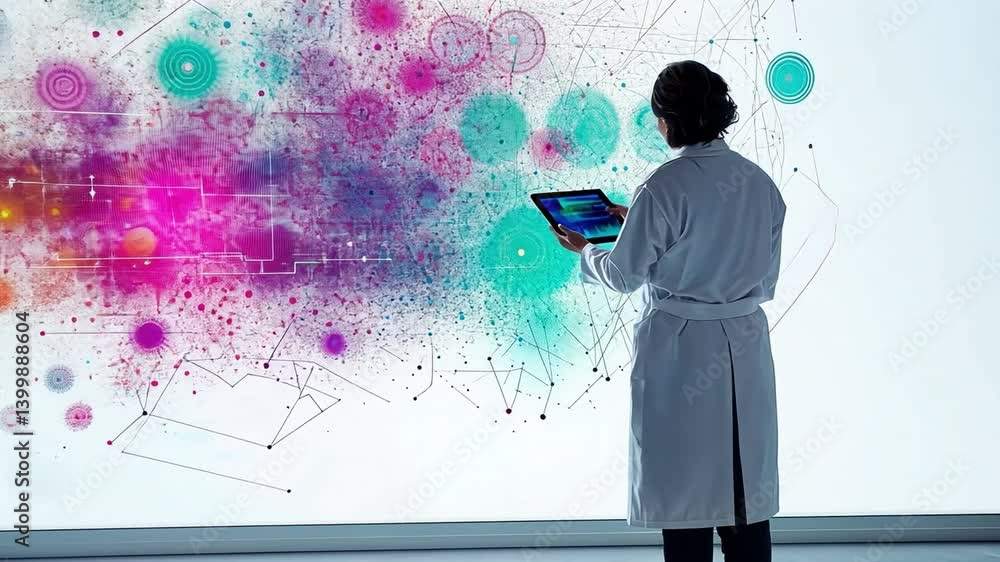 Poster scientist's digital frontier: a diligent scientist, immersed in the study, explores a complex networ