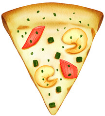 Watercolor illustration of various pizza slices