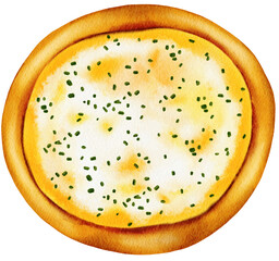 Watercolor illustration of various whole pizza