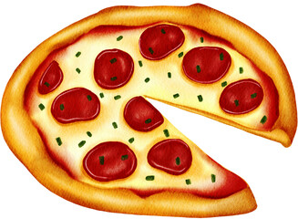 Watercolor illustration of various whole pizza