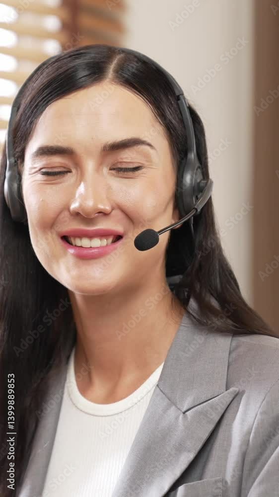 Aufkleber female call center operator or customer service helpdesk staff working on workspace while talking on