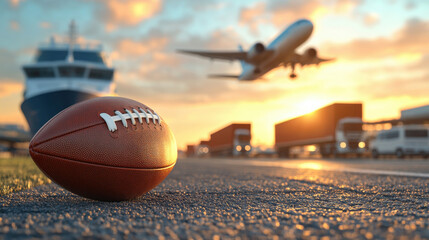 Football and airplane at sunset outdoor sports scene vibrant atmosphere unique perspective dynamic contrast
