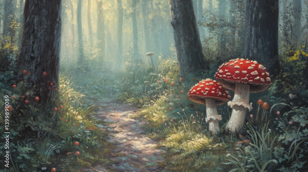 Poster enchanting forest path with fly agaric mushrooms in a dreamy woodland setting with soft light and ar