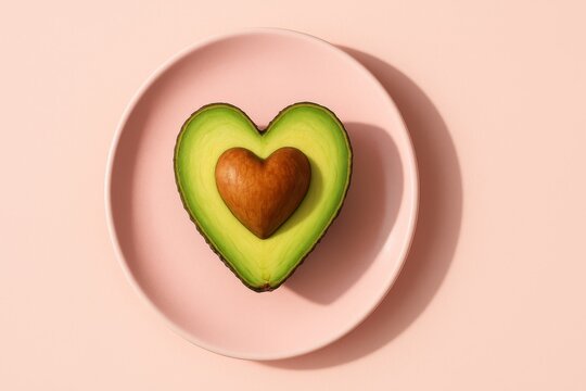 Heart shaped avocado with heart shaped seed on pink plate, minimalist healthy food composition for nutrition and valentine concept