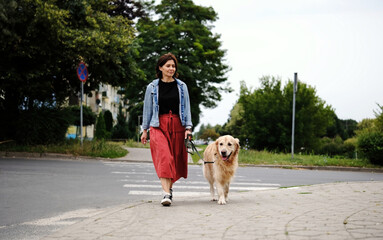 Woman With A Dog On A Leash Crosses The Road At A Crosswalk, Walking A City Street