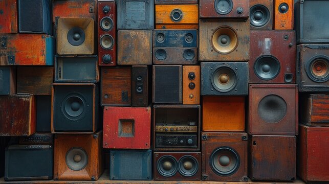 Wall Of Vintage Speakers. Retro Audio System Background. Music Equipment.